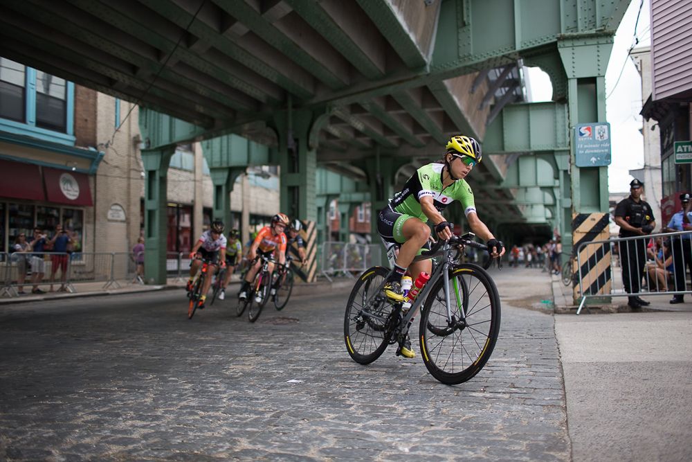 Rossella Ratto (Cylance Pro Cycling) leads the peloton as they hit the bottom of the Manayunk Wall in the fourth lap of the Philadelphia International Cycling Classic