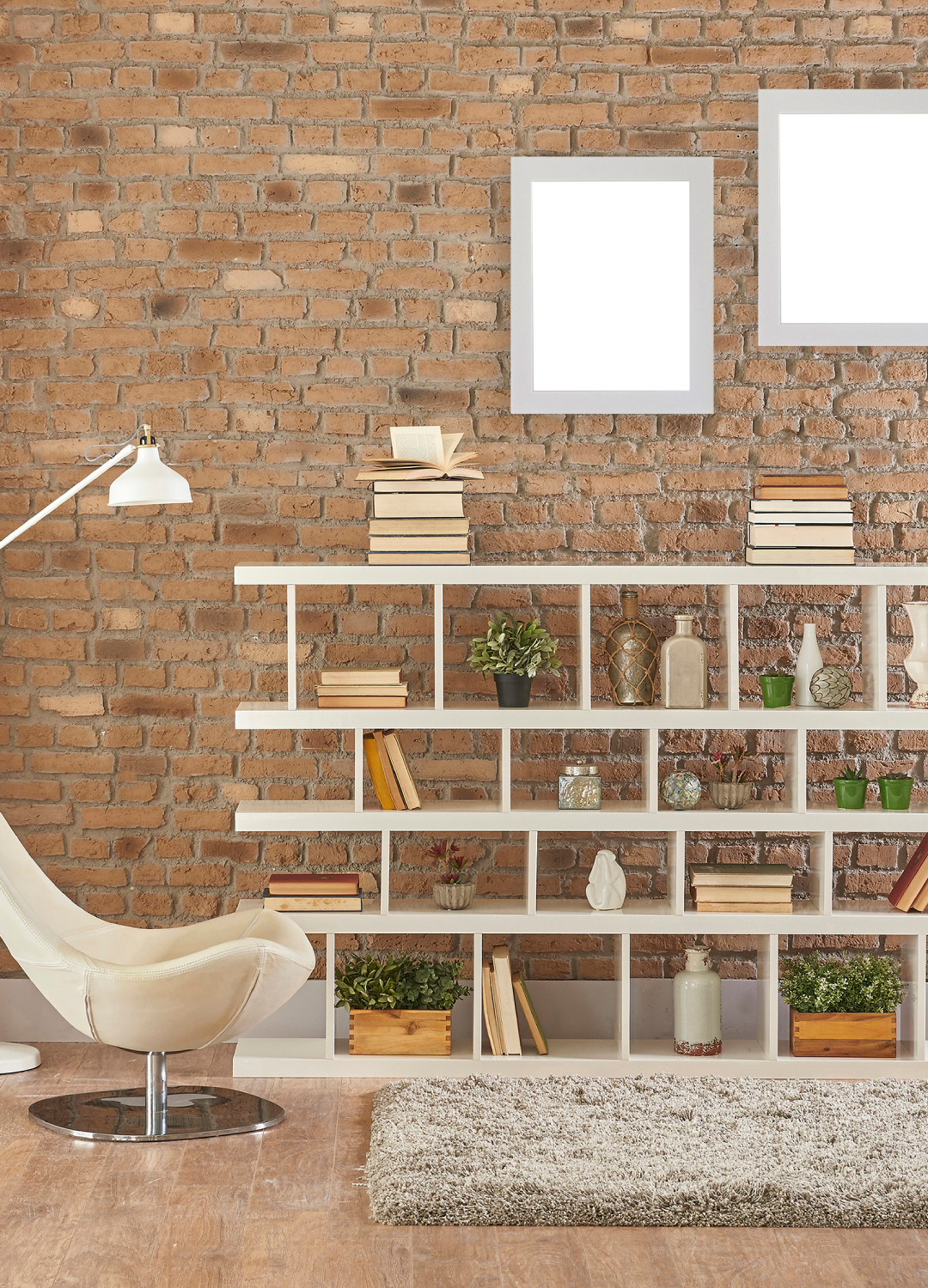 Free-standing book shelves in a living room