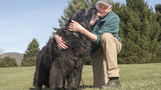 Newfoundland being cuddled by senior man