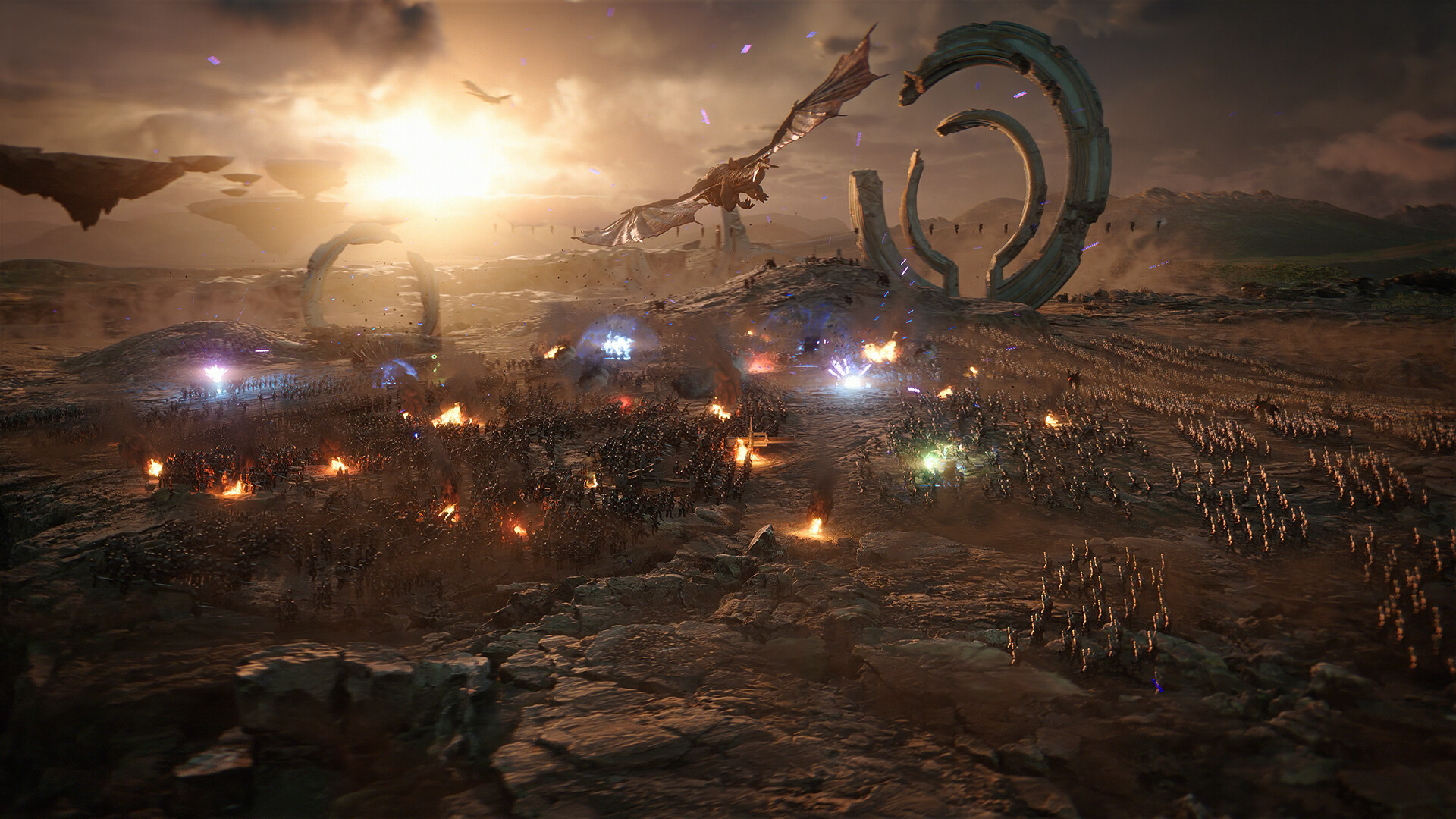 A sci-fi landscape filled with an ensuing battle