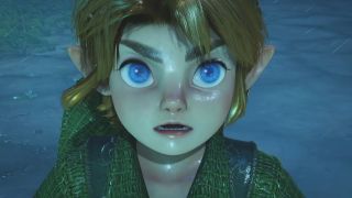 Young Link stands in the rain, looking shocked in a screenshot from The Legend of Zelda: Ocarina of Time remake.