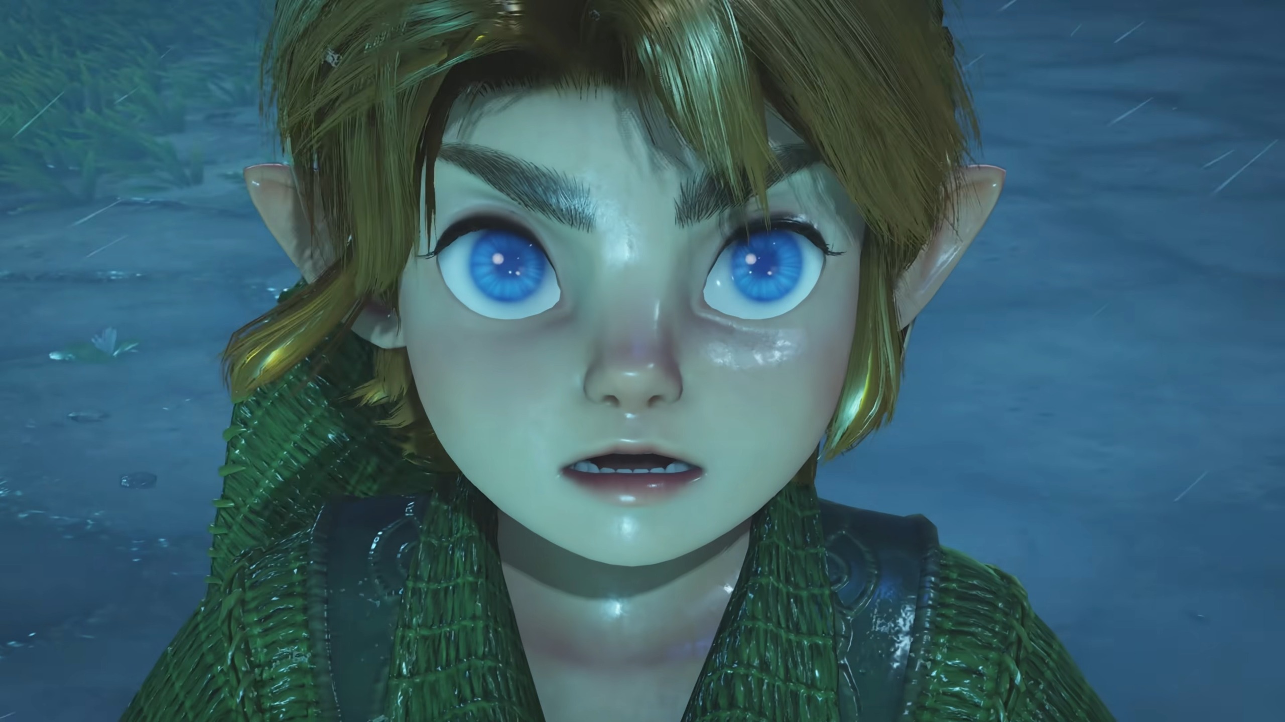 Young Link stands in the rain, looking shocked in a screenshot from The Legend of Zelda: Ocarina of Time remake.