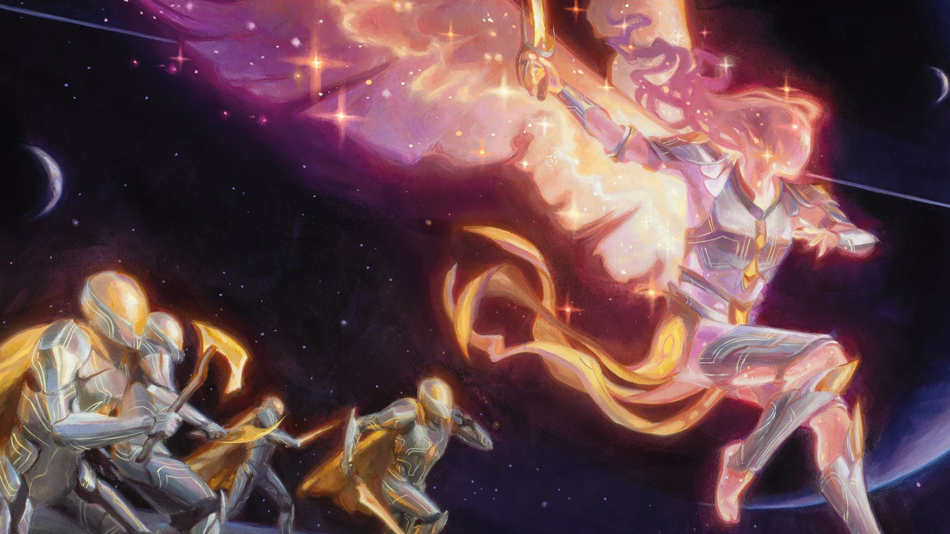 A glowing woman with wings and a sword leads a charge across the surface of a moon