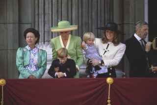 Princess Margaret, Countess of Snowdon, Diana, Princess of Wales with Prince Harry, and Sarah, Duchess of York with Princess Beatrice of York and Sir Angus Ogilvy