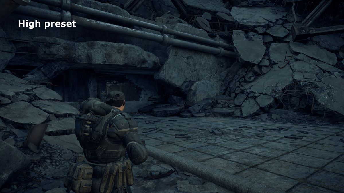 A screenshot of the PC version of Gears of War: Reloaded, showing the visual impact of using the High quality preset