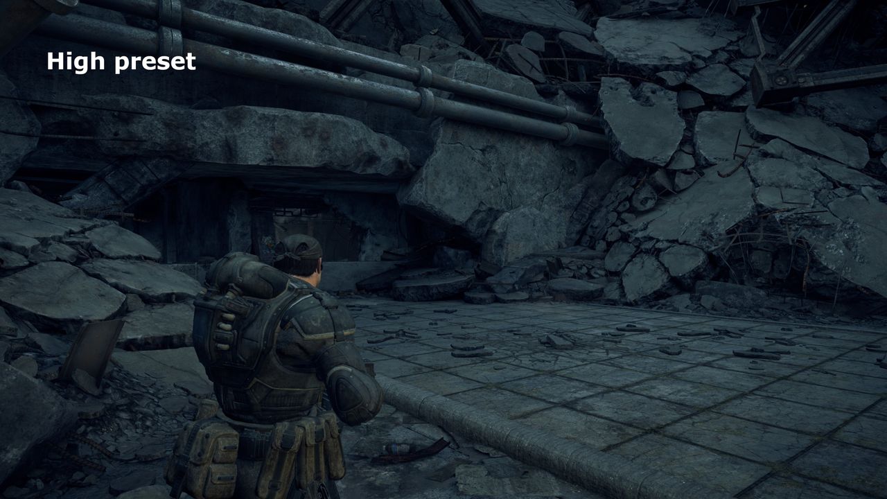 A screenshot of the PC version of Gears of War: Reloaded, showing the visual impact of using the High quality preset