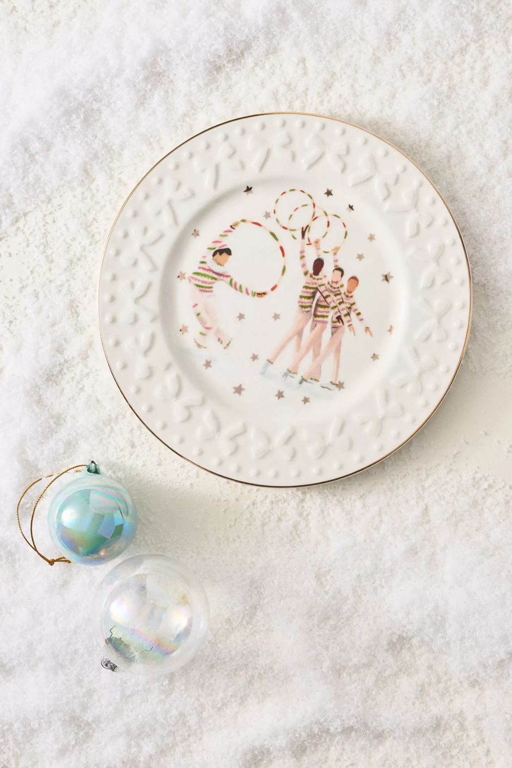White Christmas plate with gold rim and ballet motif