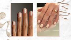 On the left is a hand with glossy, vanilla-like nails by nail artist, Mateja Novakovic (@matejanova), and on the right is a close-up of another hand with chrome/pearlescent vanilla nails by nail artist, Fliss Alton (@gelsbyfliss), in a white and grey marble-style template with two cream nail polish spills.