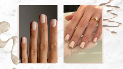 On the left is a hand with glossy, vanilla-like nails by nail artist, Mateja Novakovic (@matejanova), and on the right is a close-up of another hand with chrome/pearlescent vanilla nails by nail artist, Fliss Alton (@gelsbyfliss), in a white and grey marble-style template with two cream nail polish spills.