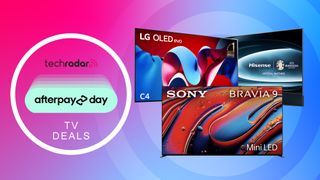 LG C4, Hisense U8N and Sony Bravia 9 on pink and blue gradient background with Afterpay Day logo and 