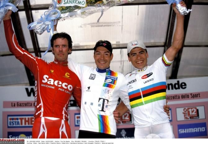 Erik Zabel celebrates his 2001 San Remo victory