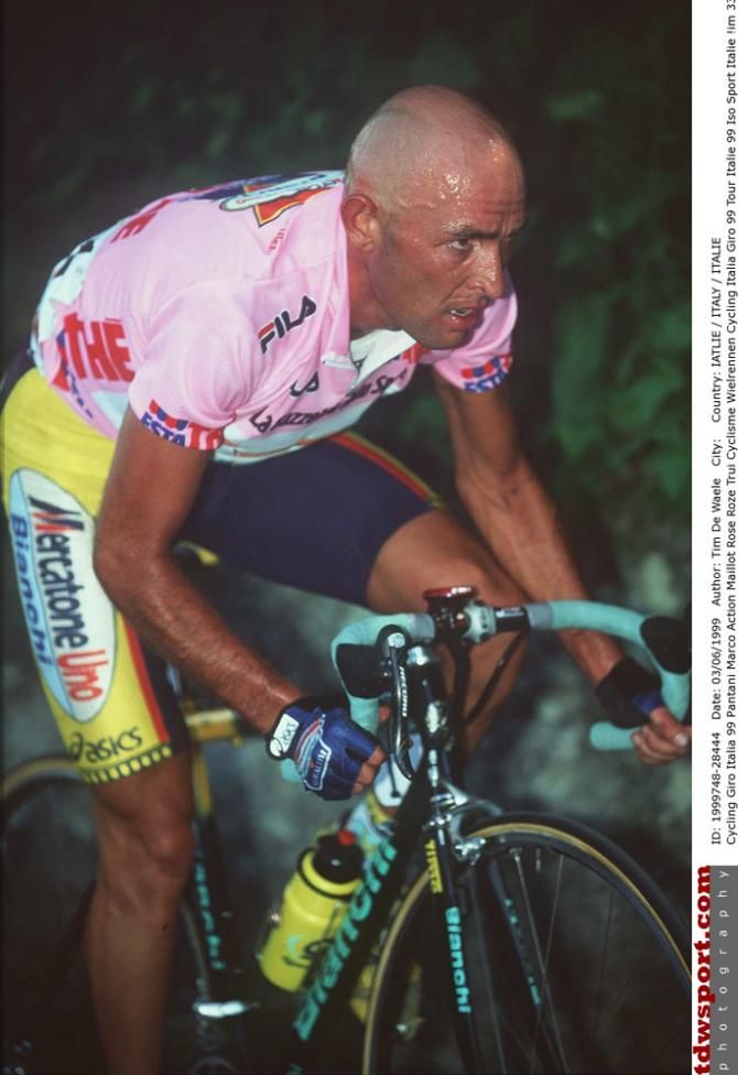 Marco Pantani in the maglia rosa at the 1999 Giro d'Italia, which he would leave in disgrace after a failed haematocrit test