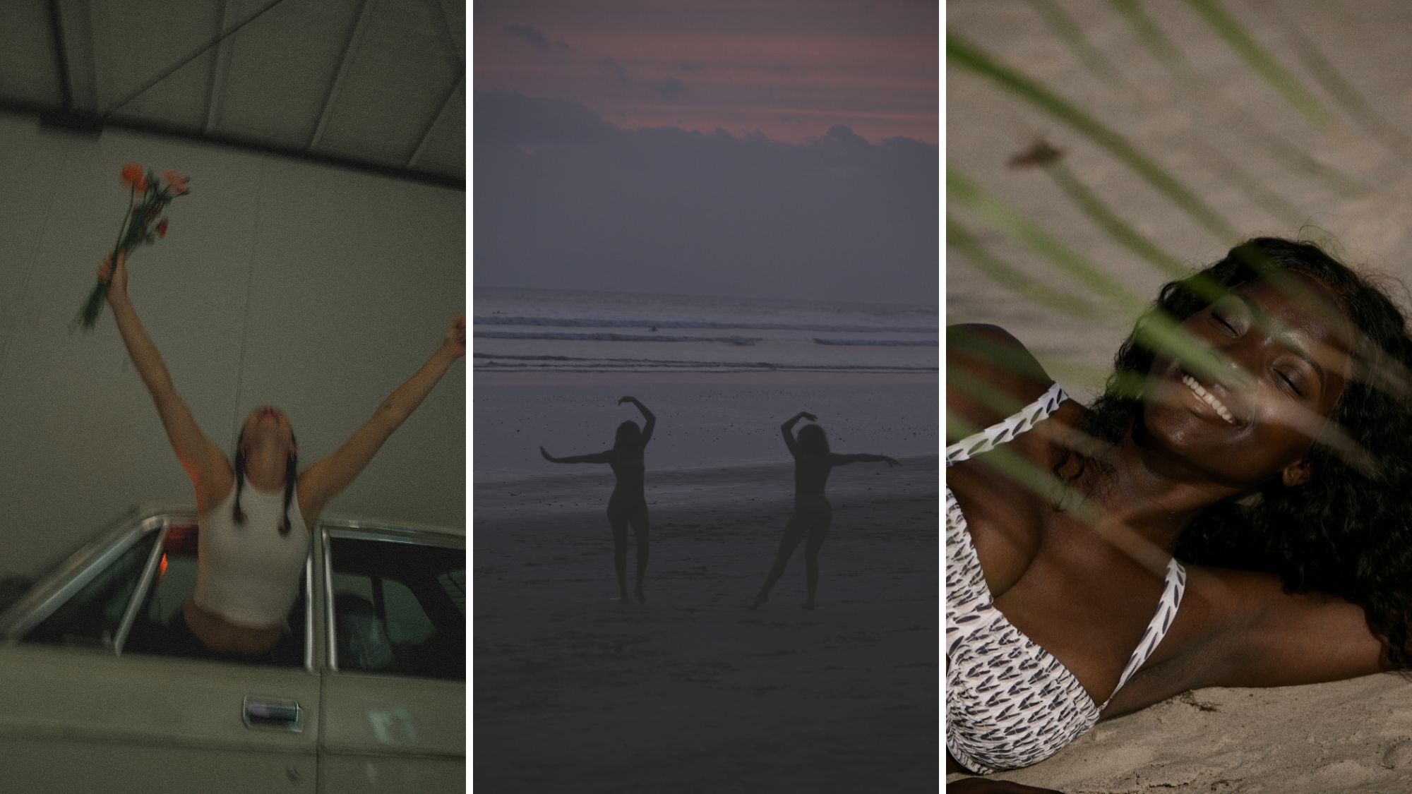 A woman lying on the sand at the beach; two friends playing; a woman holding a bunch of flowers leaning out of a car