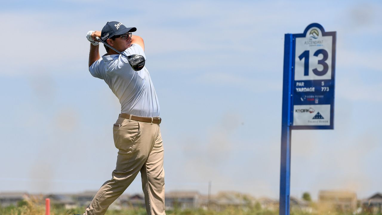 Matt Atkins hits driver off the 773-yard par 5 13th at TPC Colorado