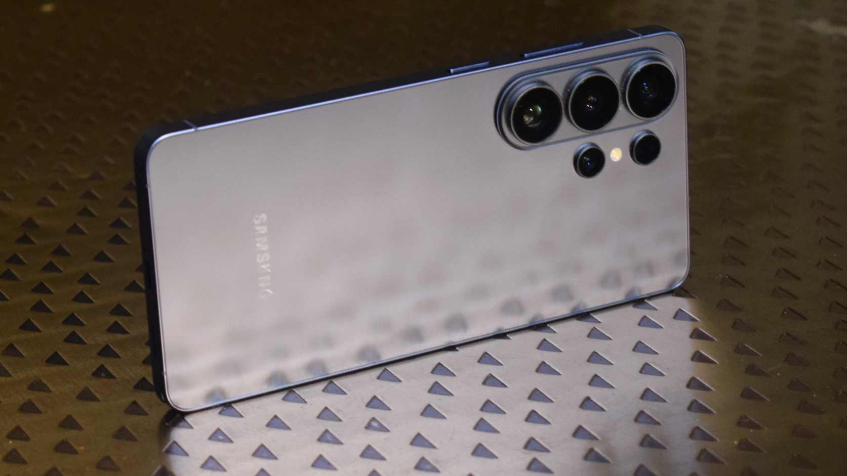 The Samsung Galaxy S26 Ultra leant on its side, on a table.