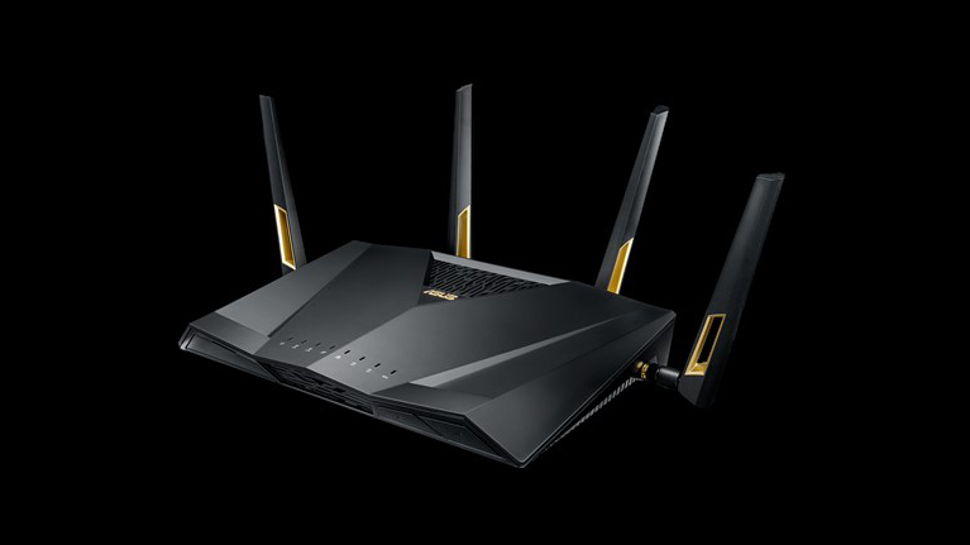 Wi-Fi 6-routeren Asus RT-AX88U i perspektiv mot en svart bakgrunn.