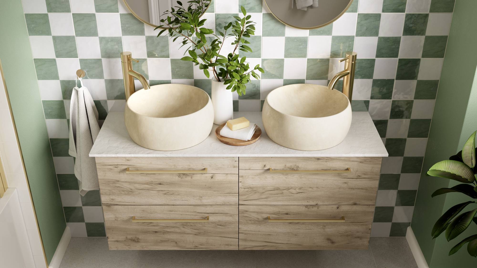 Green bathroom with checkered tiles and double vanity unit