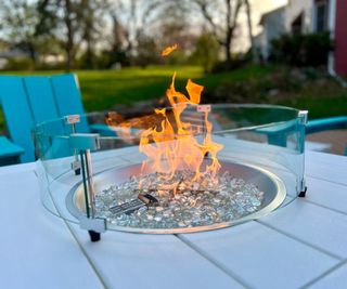 Close up on a white fire table