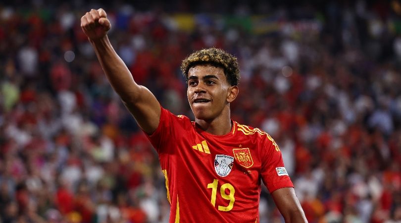 Lamine Yamal celebrates a goal for Spain against France at Euro 2024.