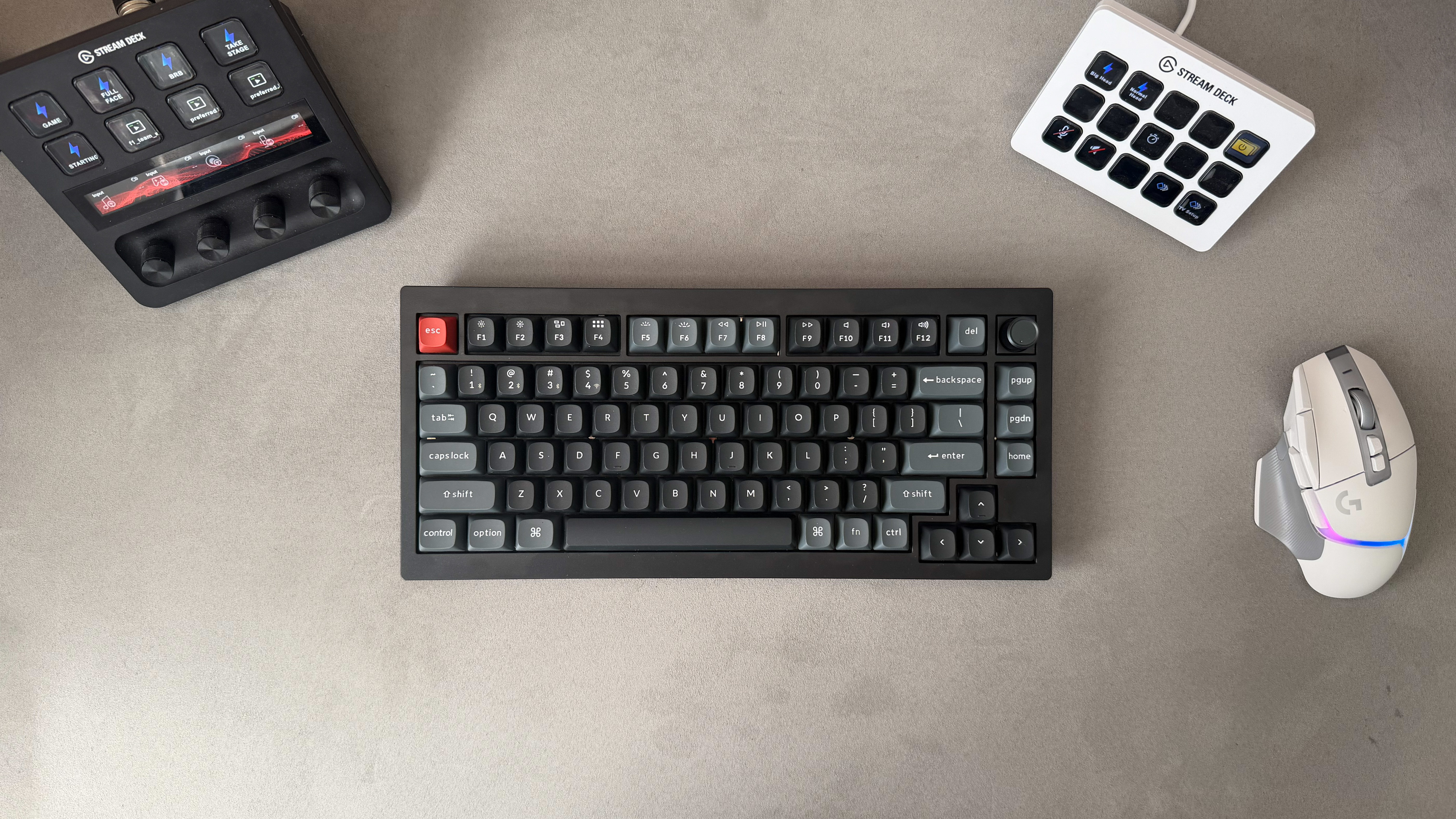 The Keychron V1 Ultra 8K from above, with the Logitech G502 X Lightspeed mouse and Elgato Stream Deck.