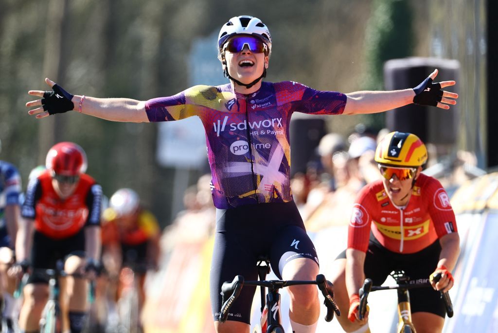 Marta Lach of SD Worx-Protime celebrates as she crosses the finish line to win the &#039;Nokere Koerse&#039; one day cycling race for women elite, 134km from Deinze to Nokere, on Wednesday 19 March 2025.BELGA PHOTO DAVID PINTENS (Photo by DAVID PINTENS / BELGA MAG / Belga via AFP)