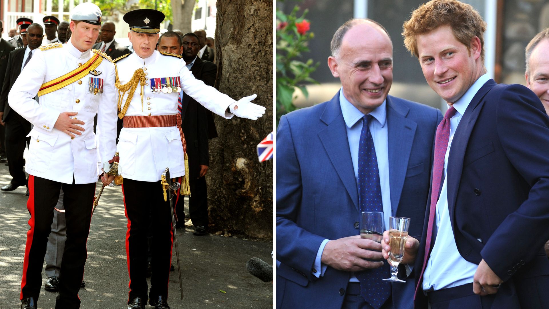 L-Jamie Lowther-Pinkerton and Prince Harry attend a morning prayer in Nassau, as part of Diamond Jubilee tour, 2012, R- the pair during a reception at the British High Commission on June 14, 2010
