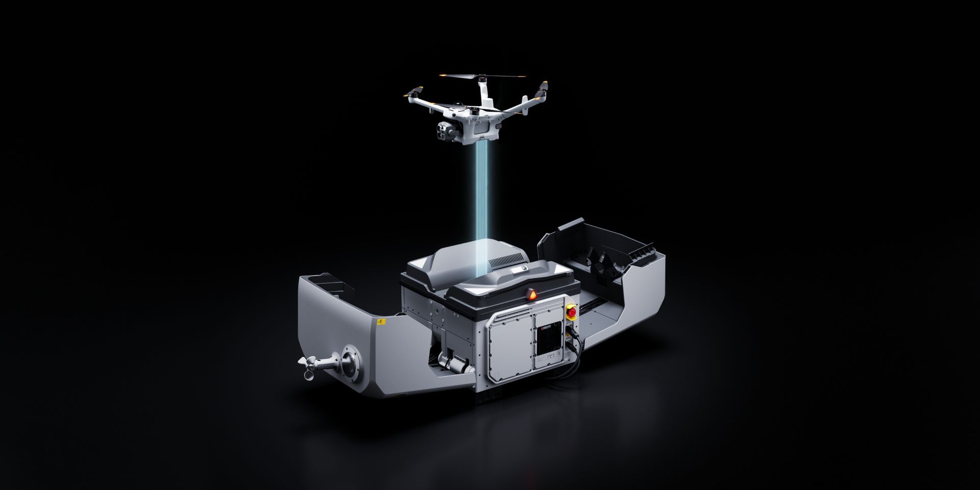 DJI Dock 4 with its cover open and a Matrice 5TD drone hovering above it
