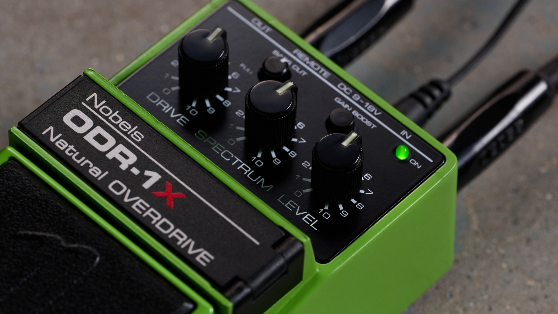 Close up of the controls on a Nobels overdrive pedal