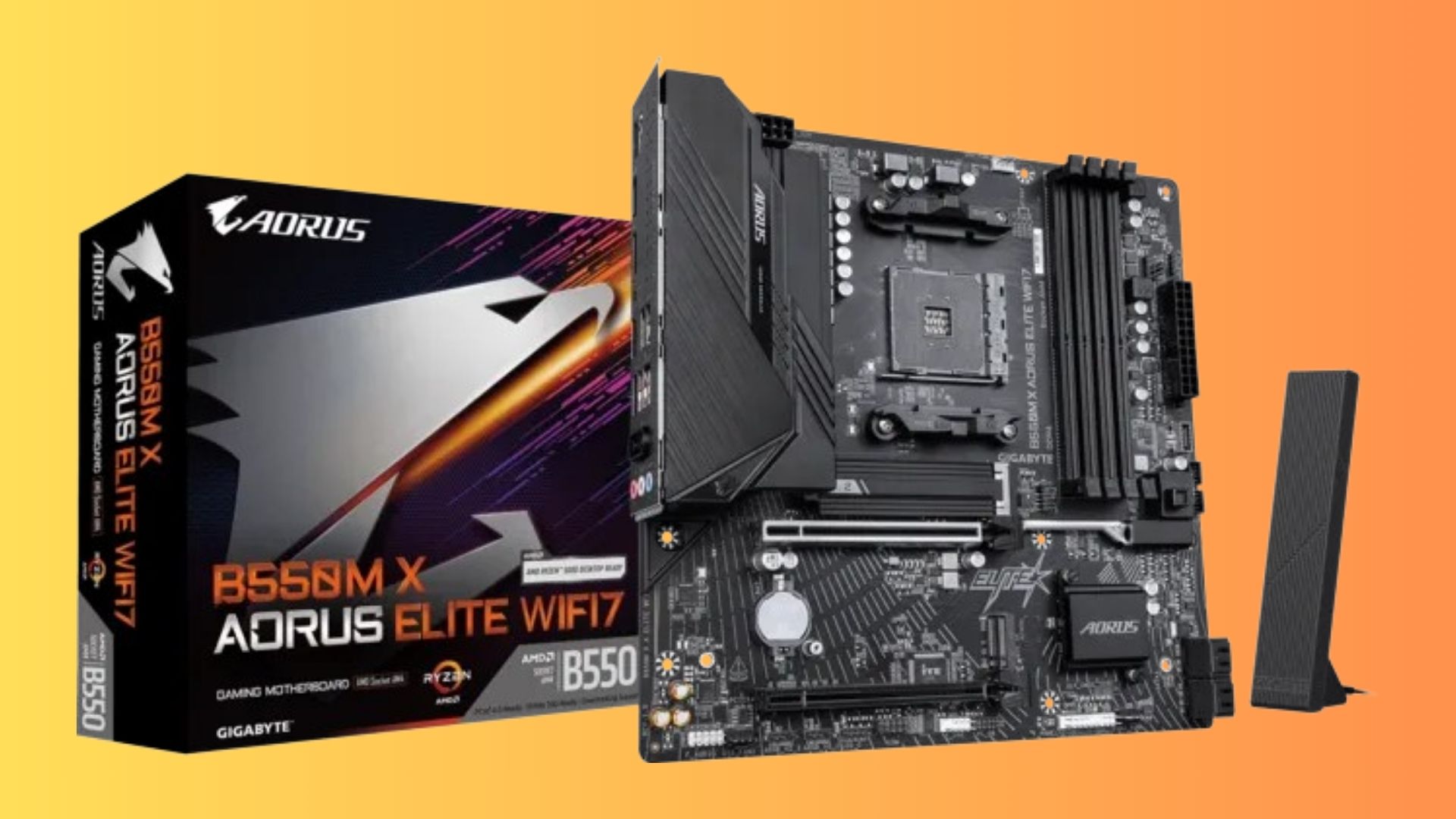 Gigabyte Aorus B550M X motherboard on a yellow and orange gradient