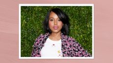 Kerry Washington is pictured with a sleek fringe and wearing CHANEL, whilst attending the CHANEL Tribeca Festival Women's Lunch to celebrate the THROUGH HER LENS Program at The Greenwich Hotel on June 07, 2024 in New York City/ in a pink template