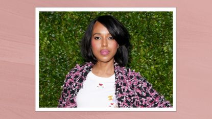 Kerry Washington is pictured with a sleek fringe and wearing CHANEL, whilst attending the CHANEL Tribeca Festival Women&#039;s Lunch to celebrate the THROUGH HER LENS Program at The Greenwich Hotel on June 07, 2024 in New York City/ in a pink template