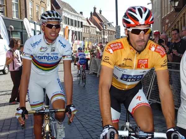 Alessandro Ballan (Lampre-NGC) and race leader Fabian Cancellara (Saxo Bank)