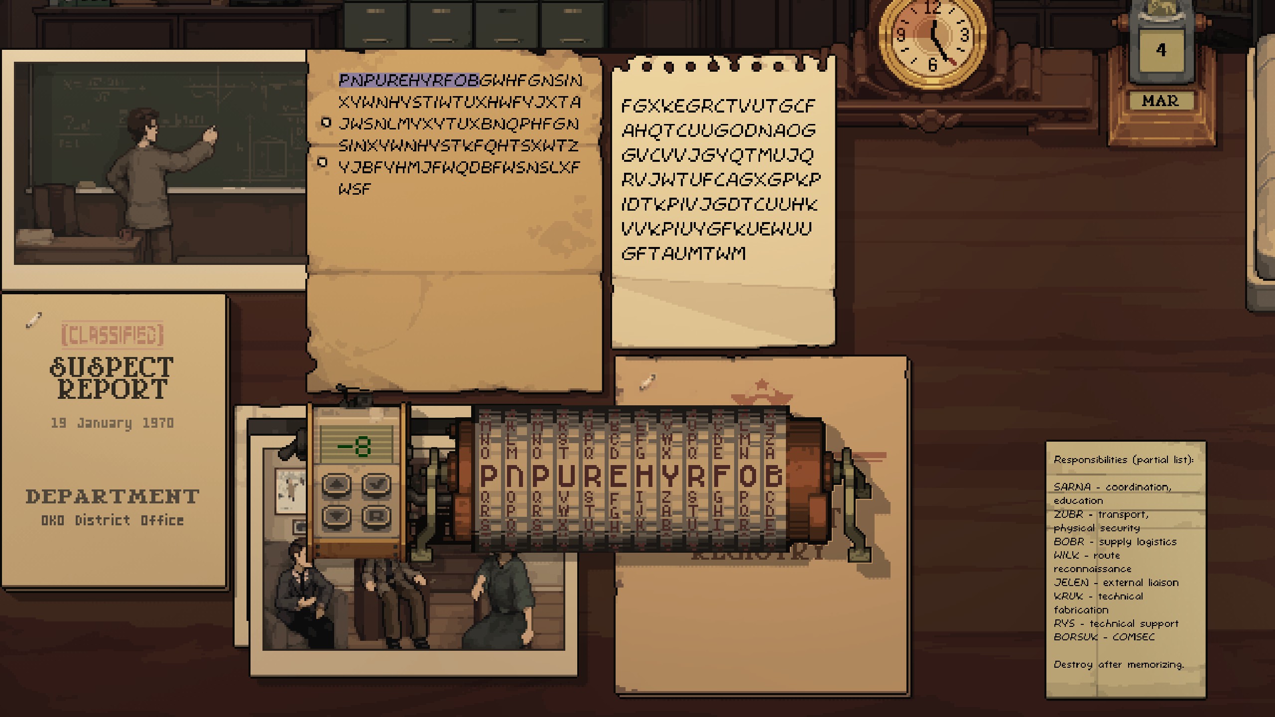Deciphering paperwork.