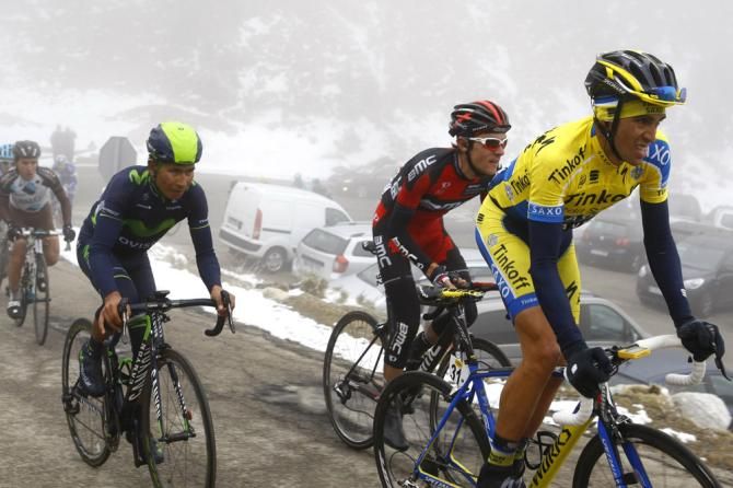 Catalunya's GC heavyweights Nairo Quintana, Tejay van Garderen and Alberto Contador brave the elements on the climb to the finish at Vallter 2000