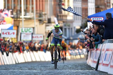 BINCHE BELGIUM OCTOBER 05 Danny Van Poppel of Netherlands and Team Intermarch Wanty Gobert Matriaux celebrates winning during the 33rd Binche Chimay Binche Memorial Frank Vandenbroucke 2021 a 1986km race from Binche to Binche BincheChimayBinche on October 05 2021 in Binche Belgium Photo by Luc ClaessenGetty Images