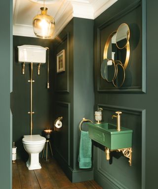 bathroom with traditional white toilet, green walls, gold accessories and a green wall mounted sink
