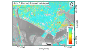 John F. Kennedy International Airport, New York as seen from space with red and yellow indicating regions of subsidence
