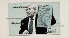 Photo collage of Donald Trump holding up a blue slip that's been crossed out and scribbled over.