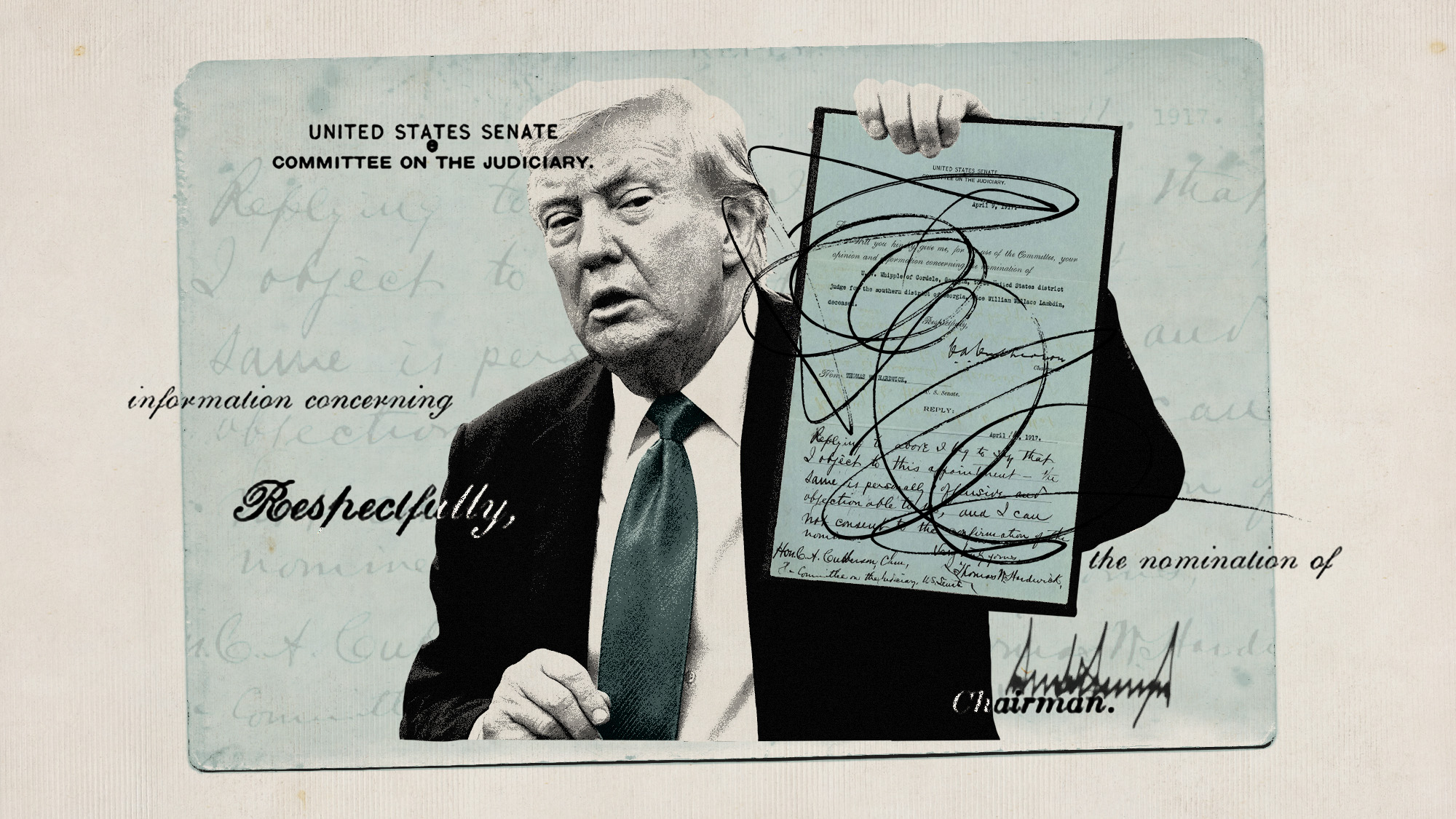 Photo collage of Donald Trump holding up a blue slip that's been crossed out and scribbled over. 