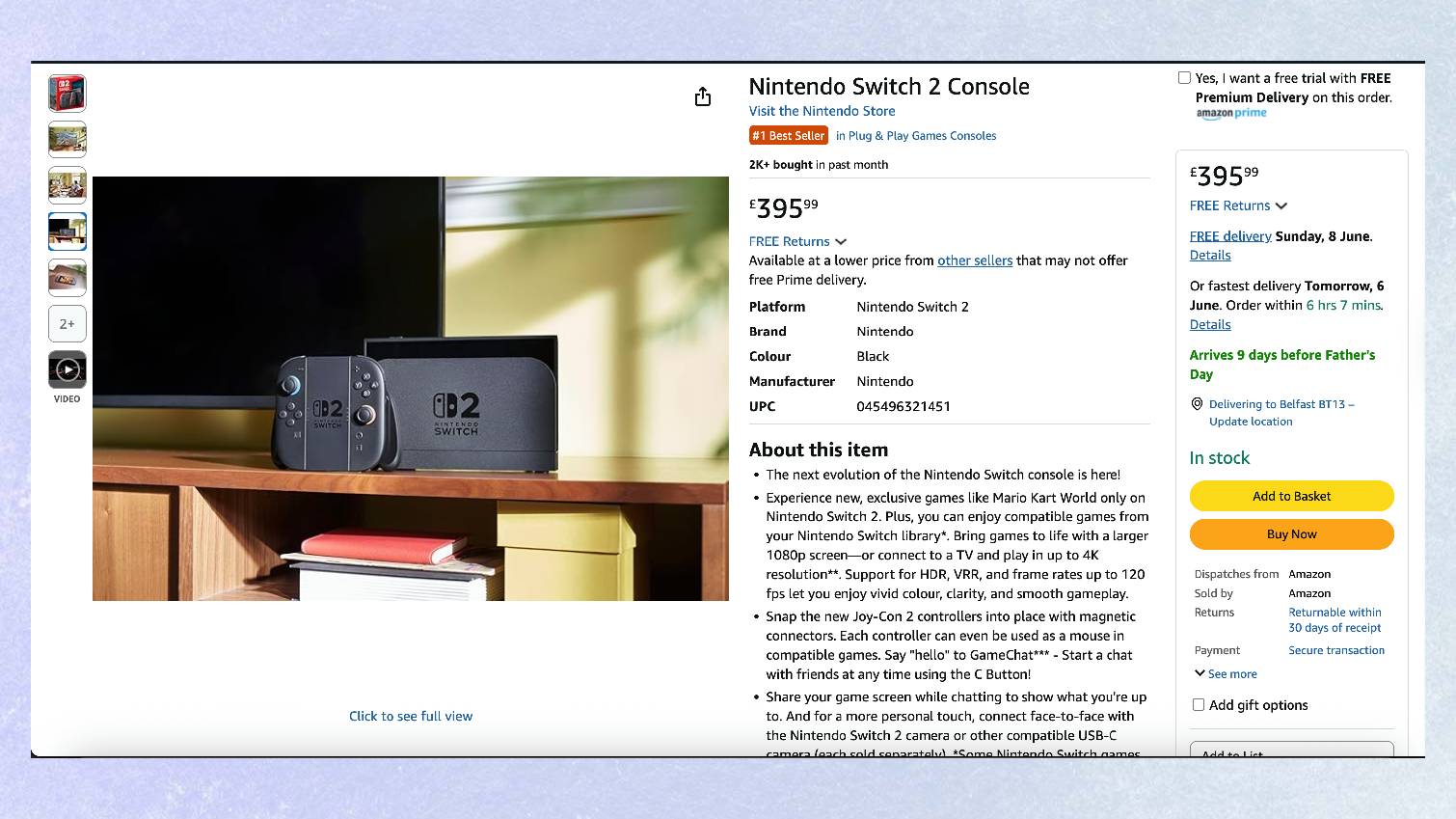 Screenshot of Nintendo Switch 2 listing page on colored background