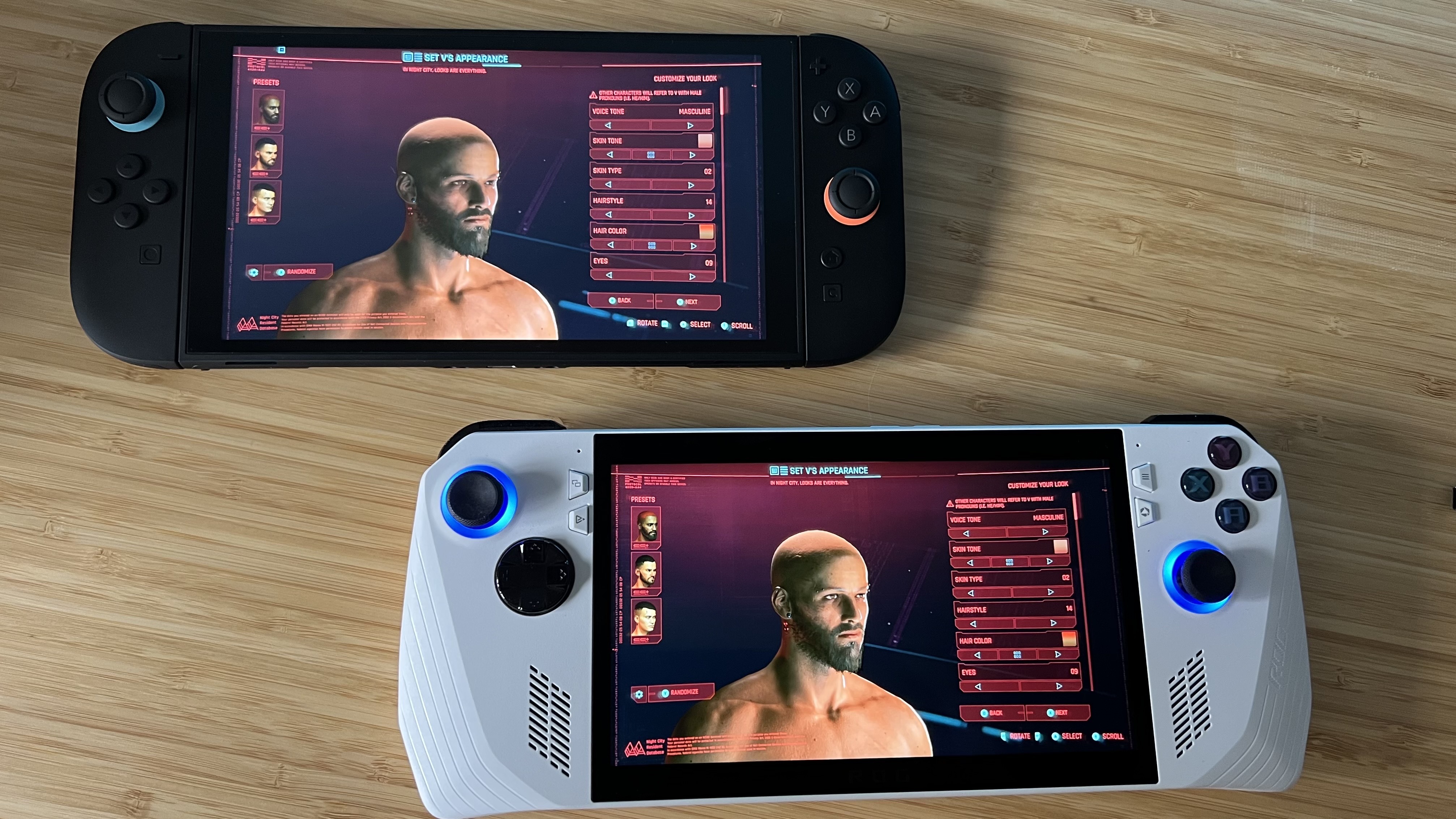 Nintendo Switch 2 and Asus ROG Ally running the character creator from Cyberpunk 2077
