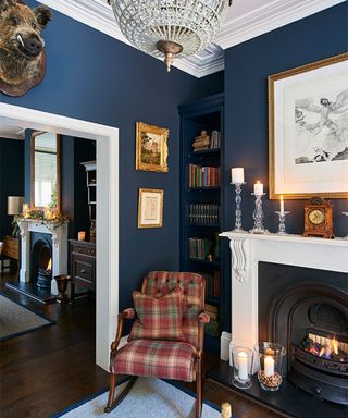 Bookshelf ideas for living rooms with blue painted walls