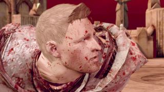 Dragon Age Origins - Alistair looks over at a grim scene in his final moments, and he's covered in blood