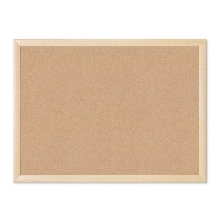 A rectangular cork board with a light wood trim frame