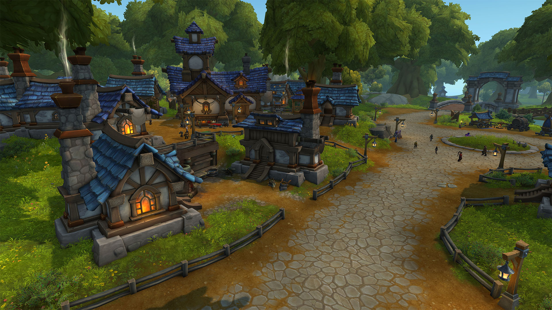 The housing update in World of Warcraft: Midnight shows a group of cozy homes among a green forest