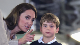 Prince Louis of Wales sits inside a vehicle on a C17 plane with Catherine, Princess of Wales during a visit to the Air Tattoo at RAF Fairford on July 14, 2023 in Fairford, England