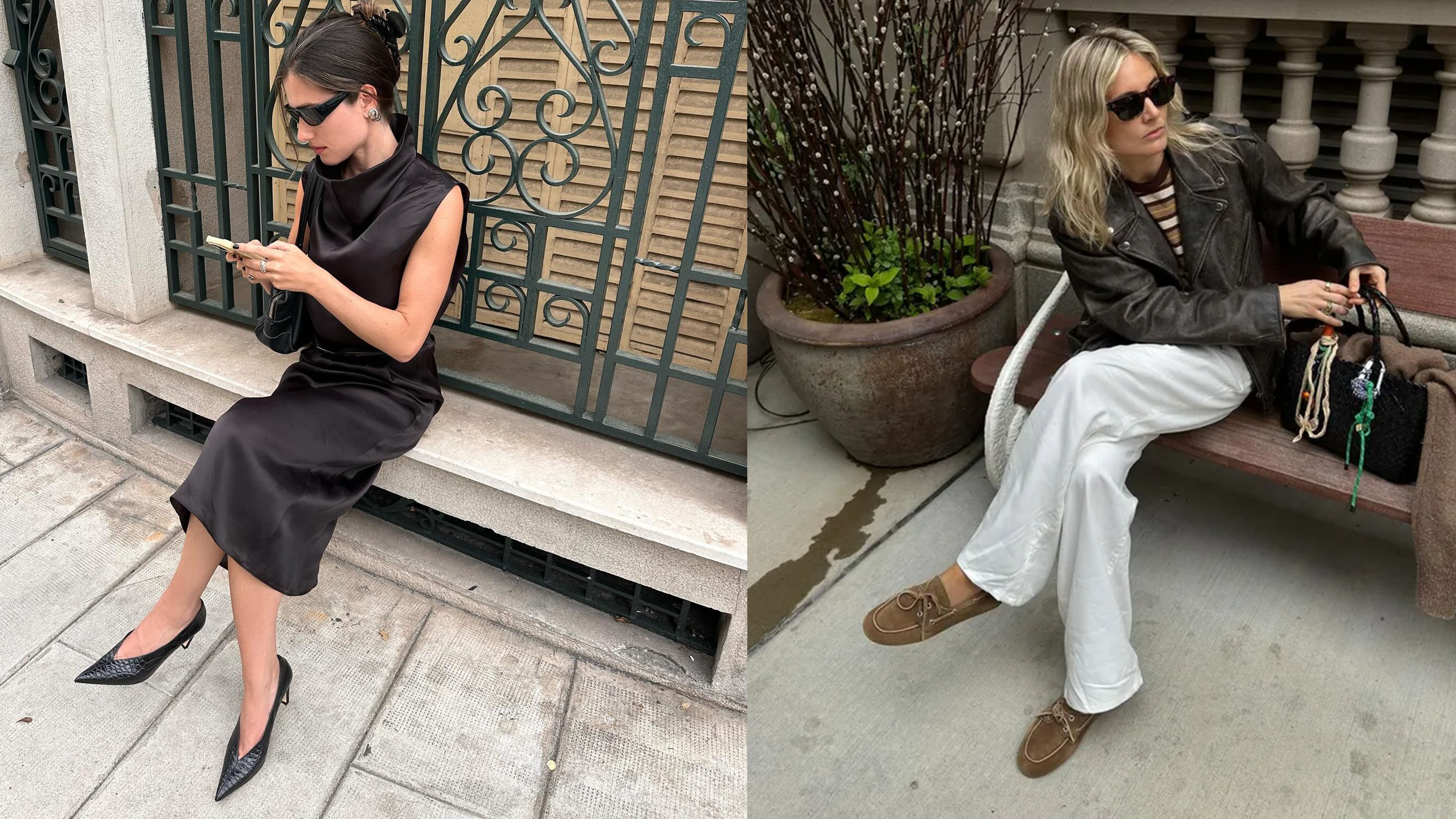 Woman in black dress and pumps; woman in leather jacket, white pants, and boat shoes