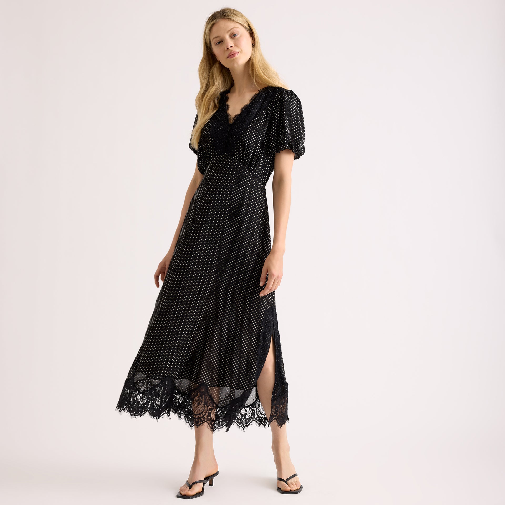 Lace Trim Chiffon Spot Dress - 8