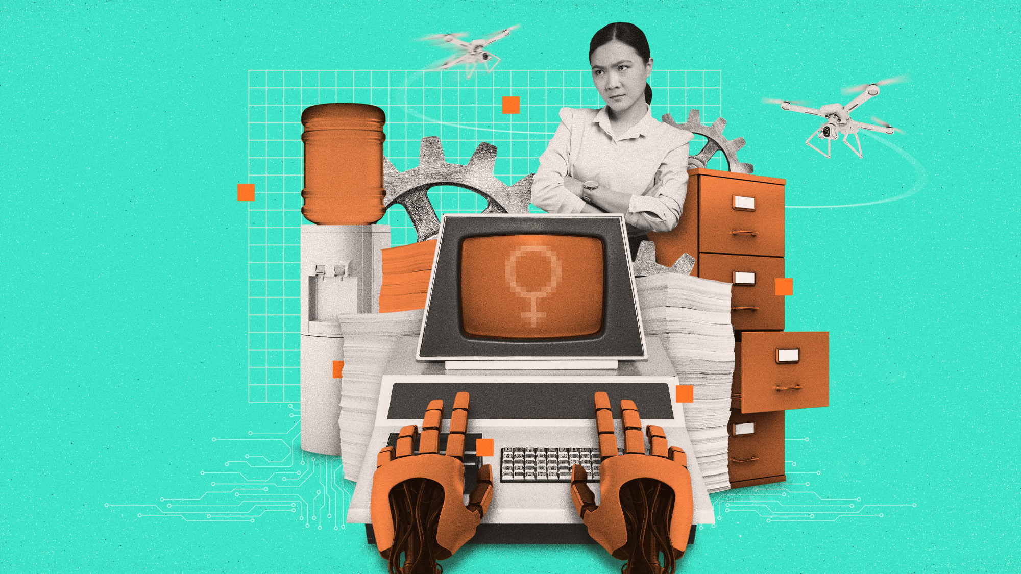 Photo composite illustration of robot hands typing on a computer, office furniture and a disgruntled female employee