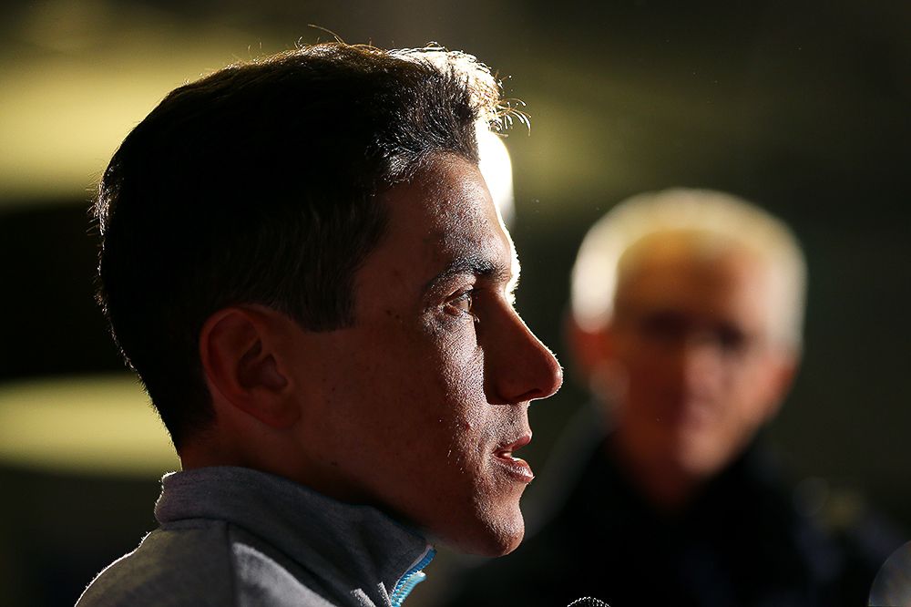 Domenico Pozzovivo answers a question at the AG2R press conference.